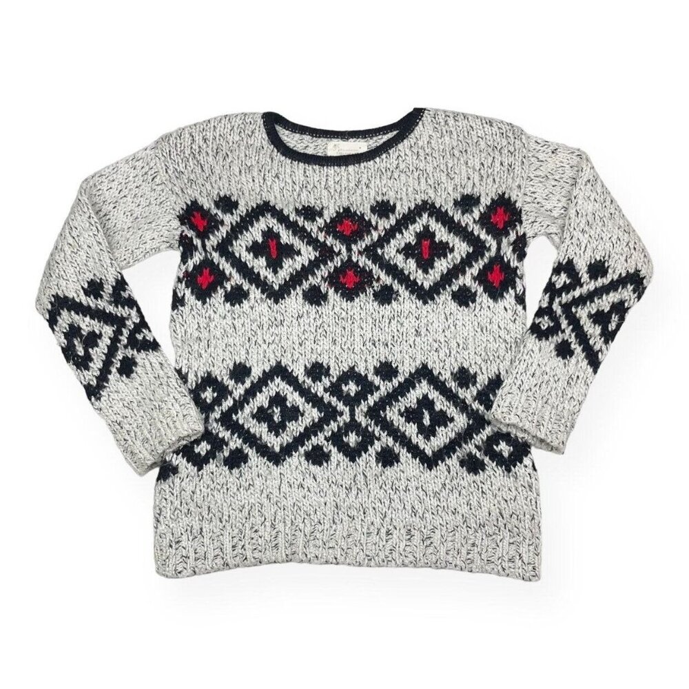 Zara Diamond Knit Sweater Kids 11-12 Gray Black Red Winter Fair Isle Apres Ski